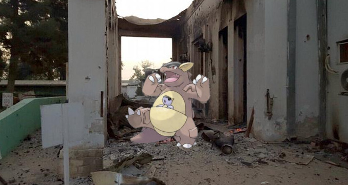 A rare ISIS Kangaskhan is found hiding amongst the rubble of this dry cleaners in Raqqa.